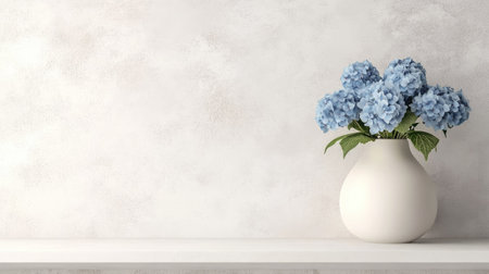 A minimalist vase with blue hydrangeas on a floating shelf, styled with neutral home decor elements.の素材