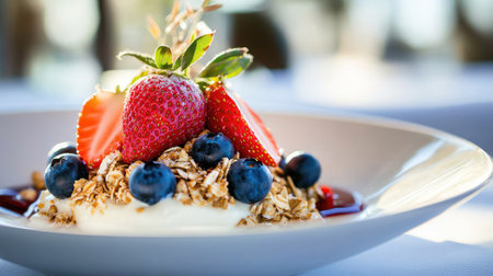 A high-end food photography shot of a breakfast bowl filled with muesli, blueberries, and fresh strawberries on a white plate.の素材