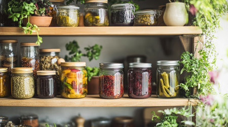 A homely kitchen setting with wooden shelves filled with preserved food in glass jars, featuring pickles, jams, and marinades.の素材