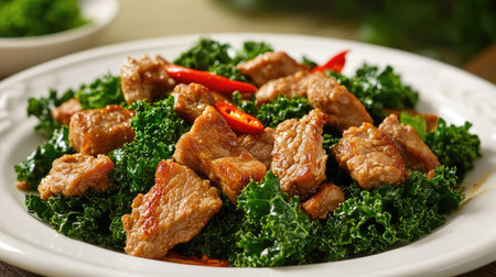 Delicious crispy pork and kale stir-fry, served on a white plate with fresh chili garnish, capturing Thai flavors.の素材