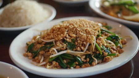 Elegant food presentation of pad pak boong with soybean paste and garlic, served with a side of brown jasmine rice on a white dish.の素材