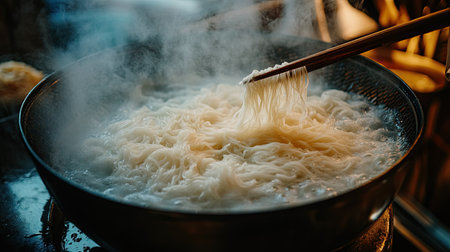 Dramatic close-up of boiling water and fresh white rice noodles in a traditional wooden-handled noodle strainer with steam rising.の素材