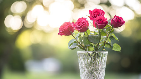 Elegant red roses in a glass vase, water droplets glistening, set against a softly blurred background.の素材