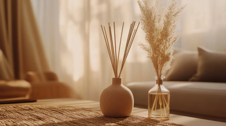 Elegant home decor featuring a reed diffuser, wooden furniture, and soft pastel tones in a minimalist living space.の素材
