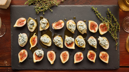 Festive party platter featuring figs stuffed with blue cheese, honey drizzle, and thyme, served on a slate trayの素材