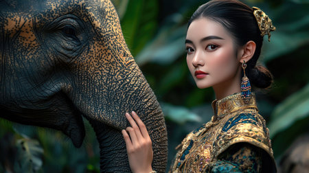 Female model in detailed Northern attire holding an elephant's trunk while standing on soft earth surrounded by tropical greenery.の素材