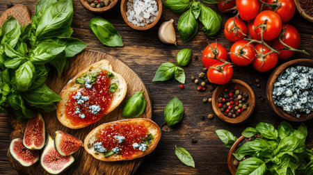 Flat lay composition of bruschetta with fig jam, blue cheese, and basil, surrounded by fresh ingredients on a wooden surfaceの素材