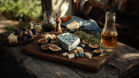Farm-to-table style presentation of fresh figs, blue cheese, thyme, and honey on a rustic wooden tableの素材