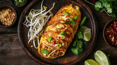 Flat lay of Pad Thai wrapped in a thin omelet, served with lime wedges, bean sprouts, and chili on a rustic wooden table.の素材