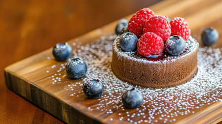 Flat lay of a mini chocolate cake topped with raspberries and blueberries, artfully placed on a wooden board with cocoa dusting.の素材