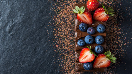 Flat lay of an elegant chocolate cake dusted with cocoa powder, decorated with fresh blueberries and strawberries on a black slate.の素材
