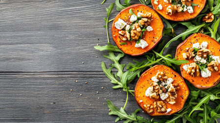 Flat-lay of cooked sweet potato rounds layered with feta, arugula, and walnuts, placed on a grey wooden table with ample space for textの素材