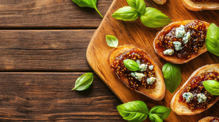 Flat lay of freshly made bruschetta with fig jam, creamy blue cheese, and bright green basil leaves on a wooden boardの素材