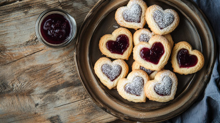 Freshly baked heart-shaped cookies filled with vibrant red jam, dusted with powdered sugar, arranged on a rustic wooden table for Valentine's Day.の素材
