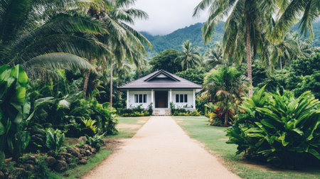 Front of a minimalist tropical house surrounded by coconut trees and dense natural greeneryの素材