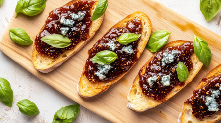 Flat lay of freshly made bruschetta with fig jam, creamy blue cheese, and bright green basil leaves on a wooden boardの素材