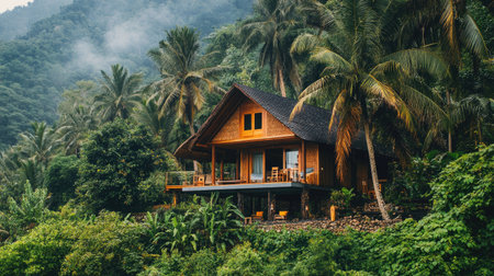 Front of a minimalist tropical house surrounded by coconut trees and dense natural greeneryの素材
