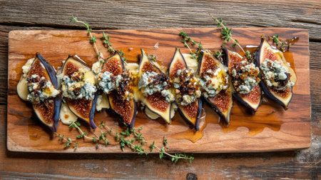 Fresh figs stuffed with creamy blue cheese, drizzled with golden honey, and garnished with thyme on a rustic wooden boardの素材