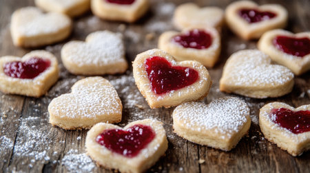 Freshly baked heart-shaped cookies filled with vibrant red jam, dusted with powdered sugar, arranged on a rustic wooden table for Valentine's Day.の素材