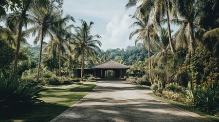 Front of a minimalist tropical house surrounded by coconut trees and dense natural greeneryの素材