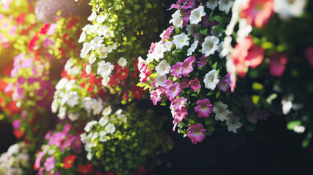 Garden center or backyard filled with hanging flower baskets and richly colored ornamental plantsの素材