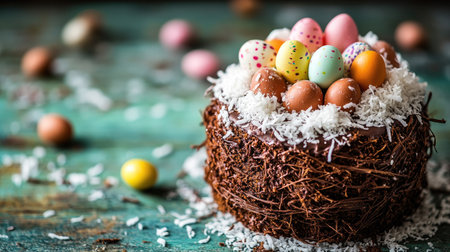 Funny Easter cake designed as a chocolate bird nest, decorated with candy eggs and coconut shavings, styled on a green wooden surface.の素材