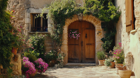 Garden-covered entrance to a sun-kissed French village home, complete with vintage wood door and floral charmの素材