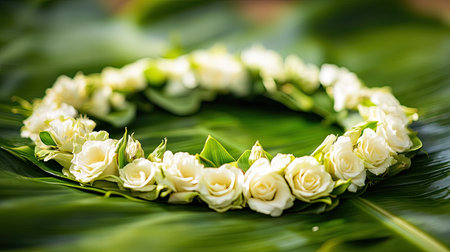 Garland with fresh jasmine and white roses resting on a bed of banana leaves, symbolizing traditional Thai Songkran offeringsの素材