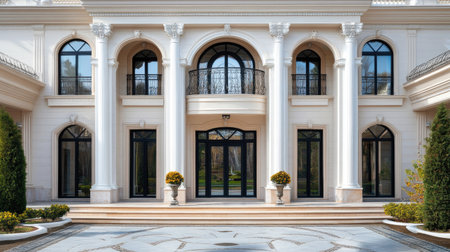Front view of elegant house with glass terrace doors and clear sky reflecting on windowsの素材