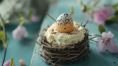 Fun and festive Easter nest cake with edible twigs, creamy filling, and a speckled egg, sitting on an aged green wooden surface.の素材