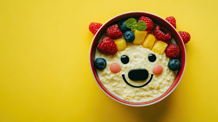 Funny porridge bowl with a smiling cow face, decorated with fruit for eyes and ears, cheerful kids' breakfast idea on a bright yellow backgroundの素材