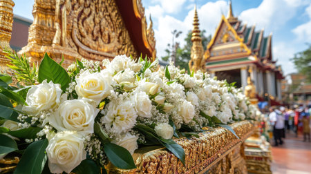 Garland of fragrant jasmine and white roses displayed in Thai cultural setting, celebrating the Songkran Festivalの素材