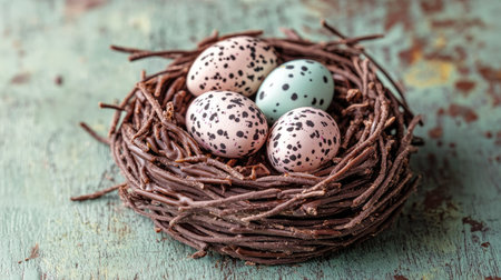 Funny Easter dessert shaped like a nest, with crispy chocolate strands and pastel speckled eggs, styled on a vintage green wooden background.の素材