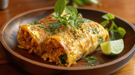 Golden egg-wrapped Pad Thai with a crispy exterior, placed on a wooden plate with fresh Thai basil and a lime wedge.の素材