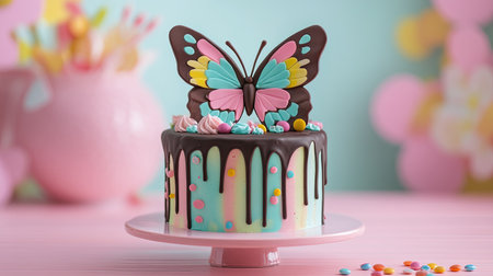 Fun and colorful butterfly cake with a mix of pastel frosting, rich chocolate designs, and candy toppings, served on a festive background.の素材