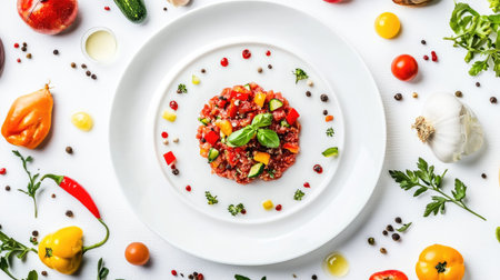 Gourmet beef tartare surrounded by fresh vegetables, plated for fine dining and shot in flat lay styleの素材