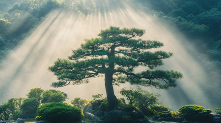 Gentle sunbeam illuminating pine tree from behind, long shadows falling across traditional Japanese landscapeの素材