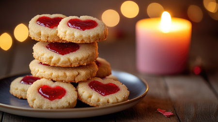 Golden, buttery shortbread cookies with red jam hearts, stacked on a plate with soft candlelight in the background for a cozy Valentine's ambiance.の素材