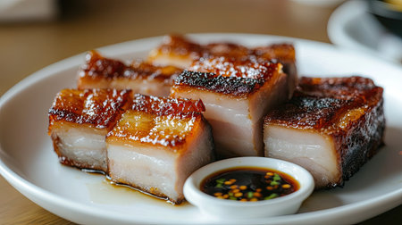 Golden crispy pork belly pieces, neatly arranged on a white plate, with a small dish of soy vinegar dipping sauce.の素材