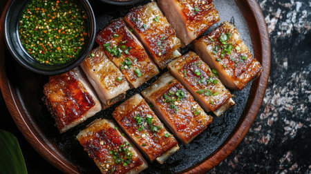 Golden-brown crispy pork belly cut into bite-sized pieces, plated with a flavorful dipping sauce on the side.の素材
