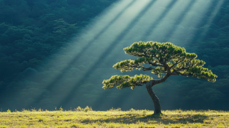 Gentle sunbeam illuminating pine tree from behind, long shadows falling across traditional Japanese landscapeの素材