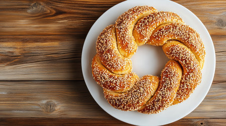 Golden Med Kanun arranged in a circular pattern on a white plate, syrup shining under natural light, with a rustic wooden background.の素材