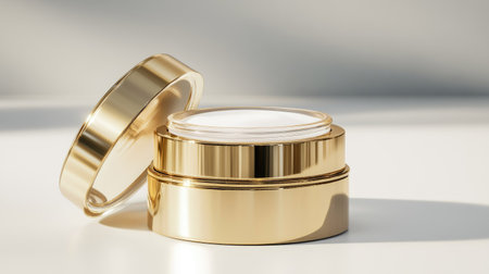 Gold cosmetic cream jar with open cap, revealing smooth white moisturizer inside, elegant skincare branding.の素材