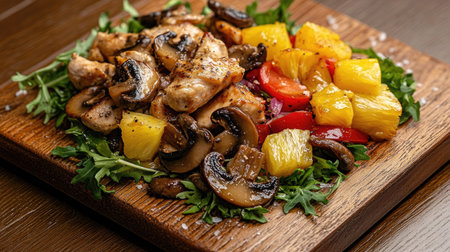 Gourmet chicken salad with caramelized mushrooms and pineapple chunks styled on natural wood boardの素材