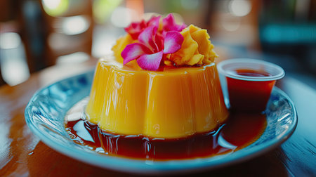 Golden Med Kanun Thai desserts arranged on a ceramic dish, paired with a small cup of syrup and styled with Thai ornaments.の素材