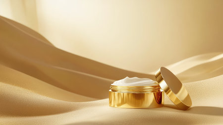 Golden cosmetic jar with open cap, revealing smooth hydrating cream inside, minimalist luxury beauty branding.の素材