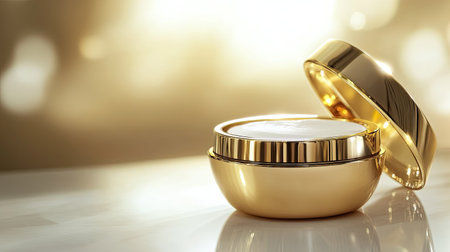 Gold cosmetic cream jar with open cap, revealing smooth white moisturizer inside, elegant skincare branding.の素材