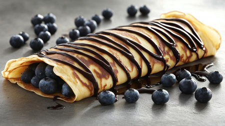 Deliciously thin crepes folded and drizzled with chocolate sauce, topped with fresh blueberries on a grey neutral surface, top-down shot.の素材
