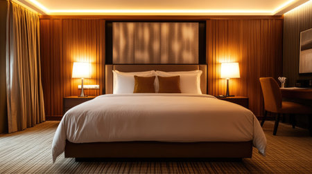 Designer bedroom interior with a large bed, clean furniture layout, and warm wood and fabric texturesの素材