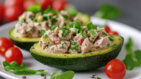 Fresh avocado stuffed with tuna salad, keto-friendly presentation on a white plate, surrounded by cherry tomatoes and greensの素材